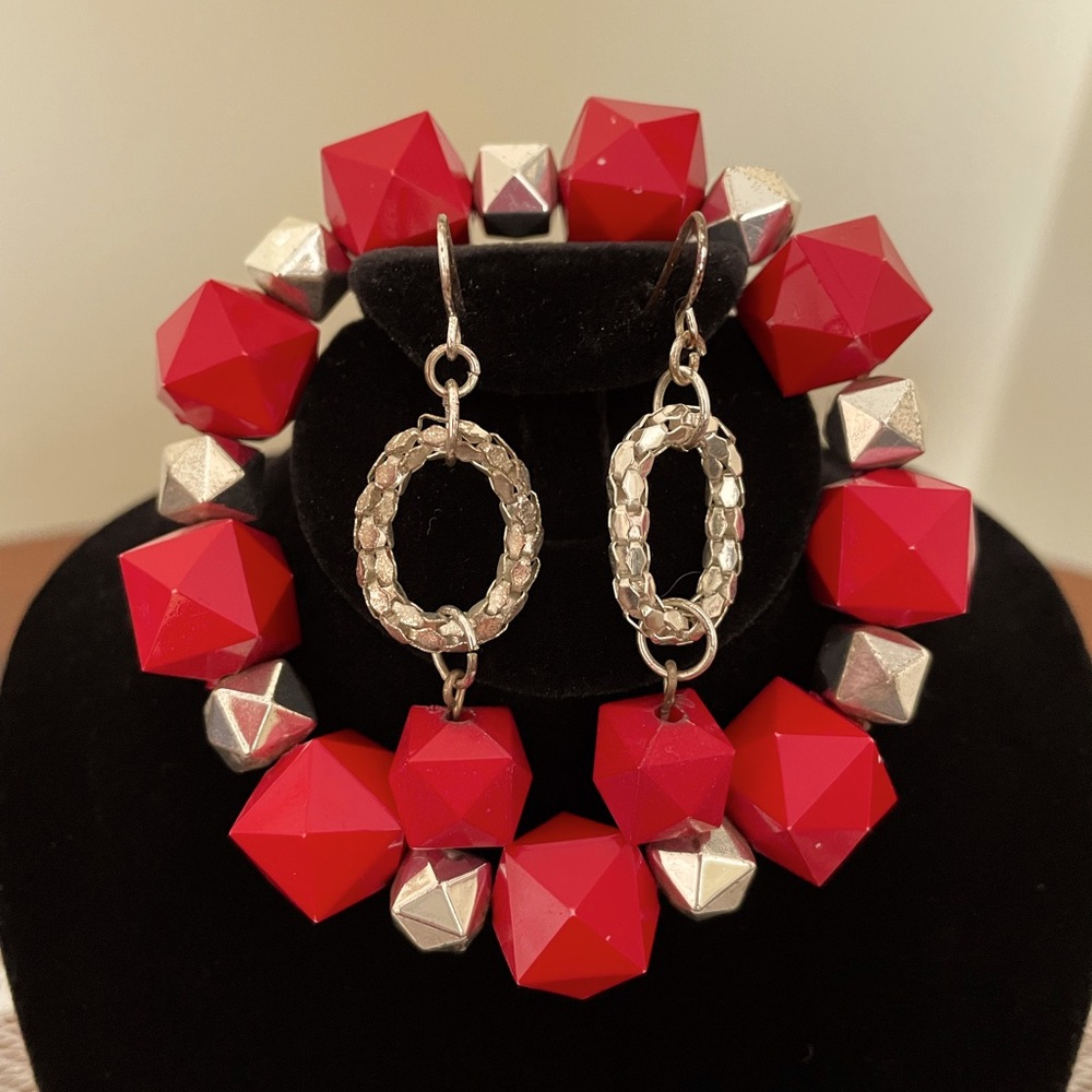 Chunky Red and Silver Bracelet and Earrings